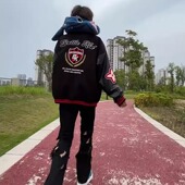 美式 潮牌pu皮拼接徽章刺绣棒球服外套男女宽松高街百搭飞行员夹克