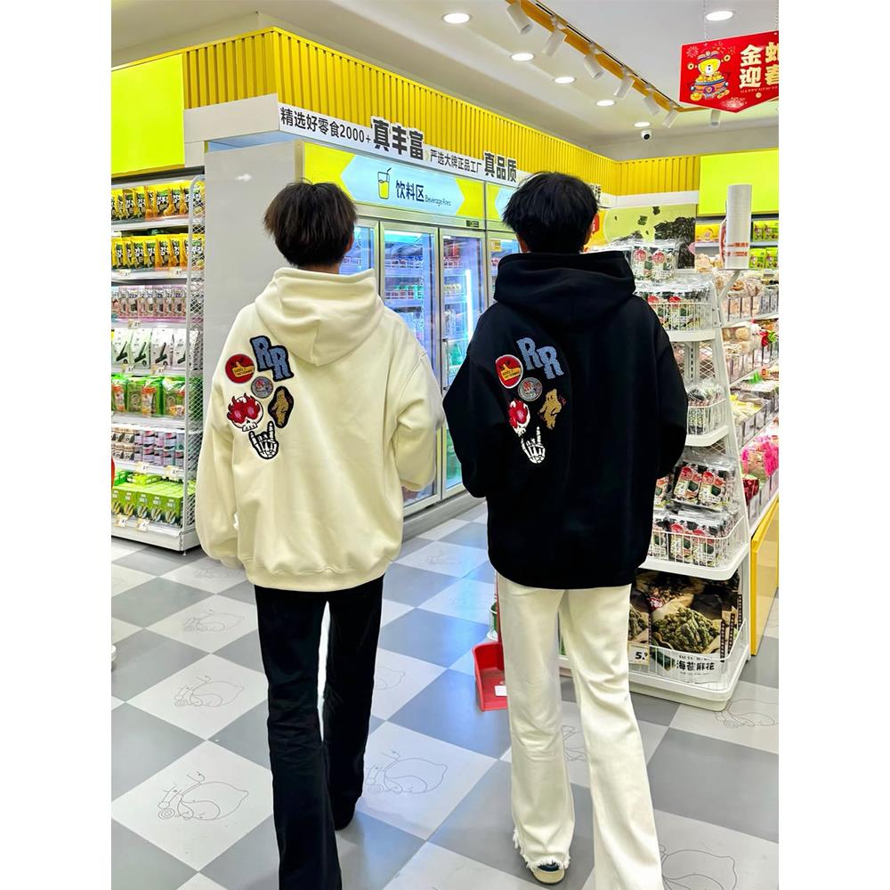 美式徽章刺绣卫衣男女2025重磅国潮高街连帽上衣oversize情侣帽衫