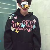 美式 高街重磅蝴蝶刺绣连帽卫衣男女早秋冬国潮牌宽松百搭情侣外套