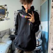 新款 美式 复古高街字母涂鸦印花连帽卫衣男秋季 重磅宽松休闲上衣潮