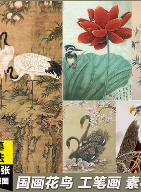 国画花鸟工笔画仙鹤牡丹麻雀图宋朝古风小品写意临摹美术绘画素材