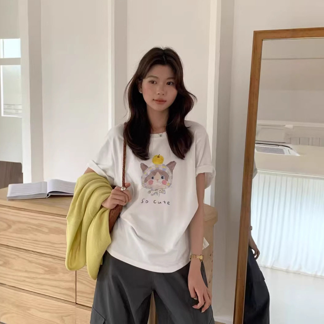 苏珊 2026夏季韩系小猫可爱印花宽松百搭长袖T恤上衣女DS389