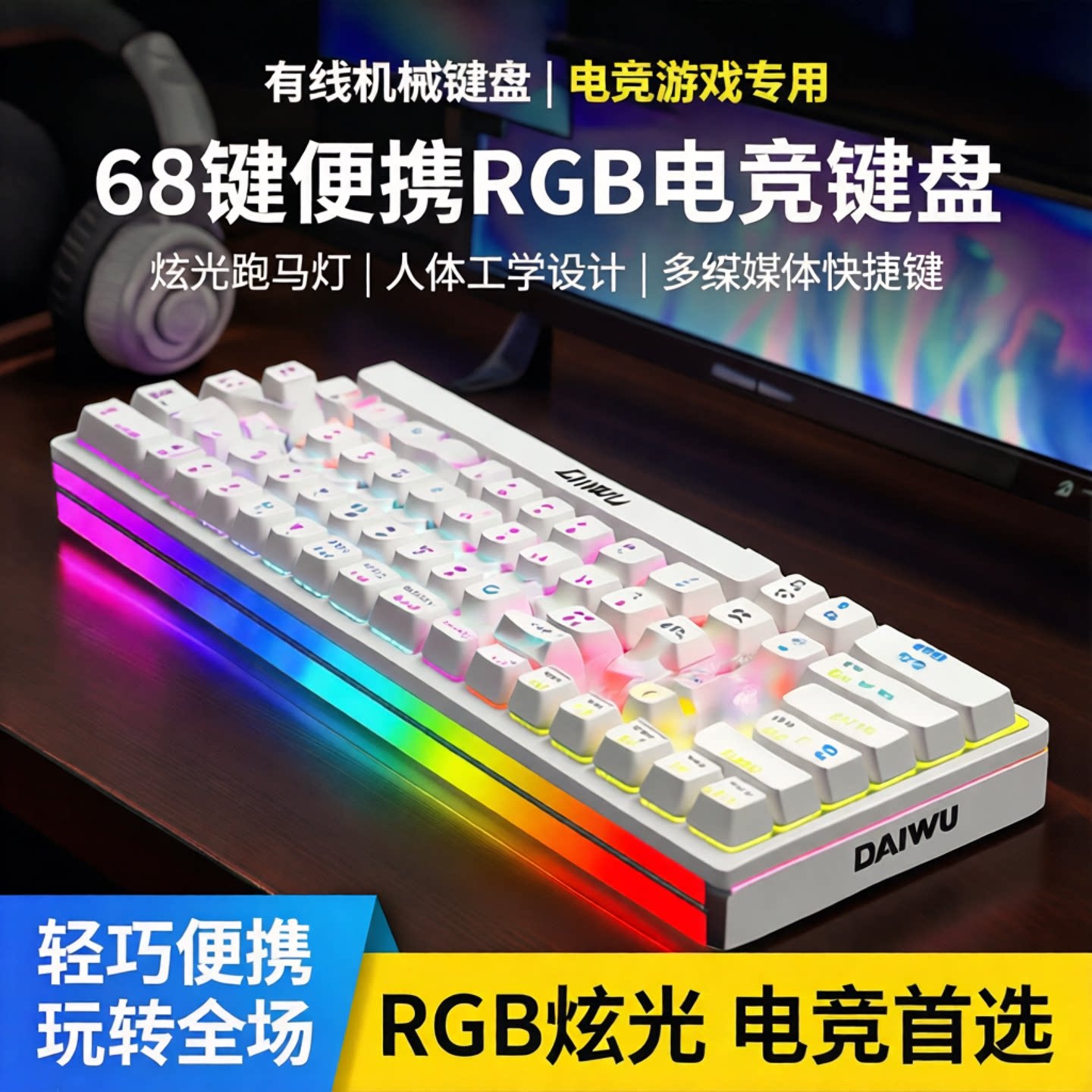 有线机械键盘电竞游戏USB家用跑马灯炫光RGB灯箱68键便携多媒体