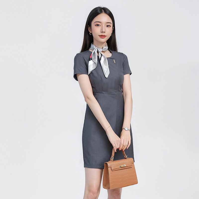 灰色美容院短袖工作服连衣裙夏季气质新款职业美容师珠宝店工装