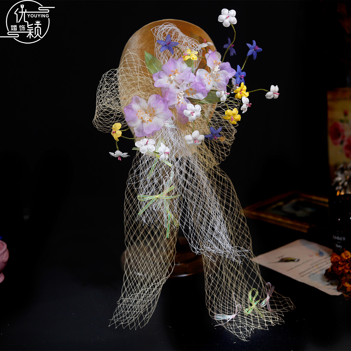 优颖新款复古森系浅紫色花朵网纱发饰新娘头饰礼服拍摄百搭发饰