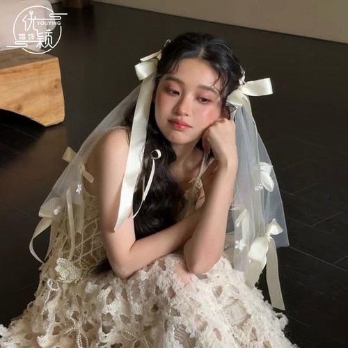 新款新娘头饰法式复古蝴蝶结头纱高级感气质百搭发饰结婚礼服配饰