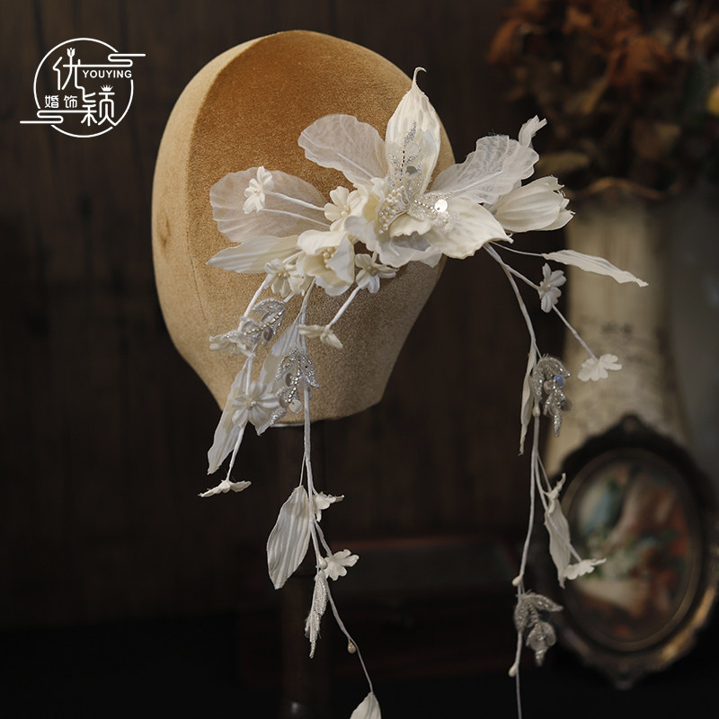 优颖仙气新娘手工缎面刺绣烫花藤曼头饰森系婚纱写真旅拍发箍发饰