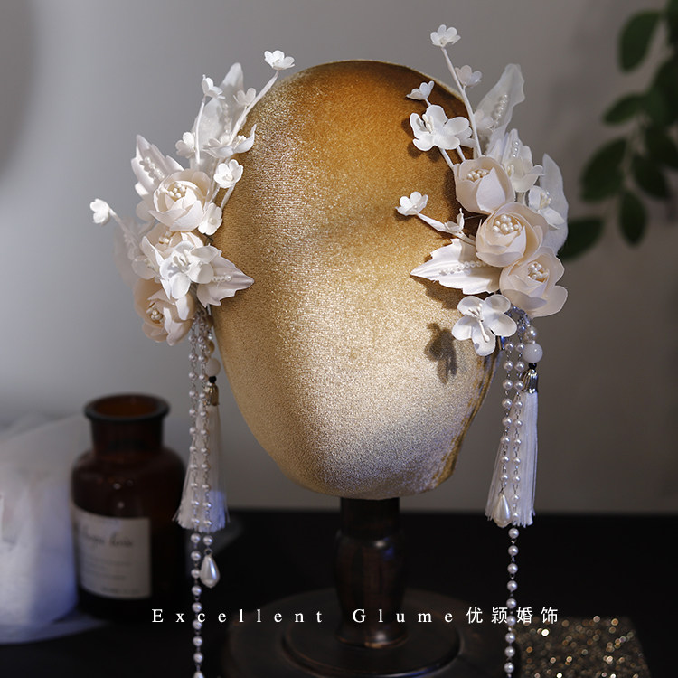 甜美山茶花串珠流苏发夹汉服造型