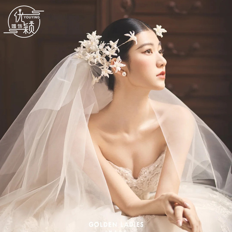 优颖超仙法式复古新娘头饰小百合花边夹韩式发梳头纱晨袍减龄白纱