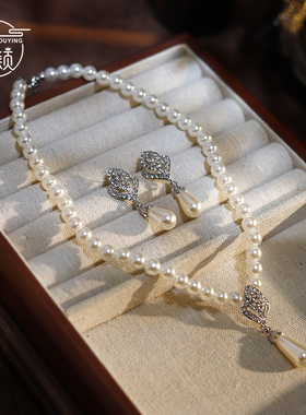 复古镶钻珍珠水滴吊坠锁骨项链颈链新娘晨袍婚纱饰品小众轻奢礼服