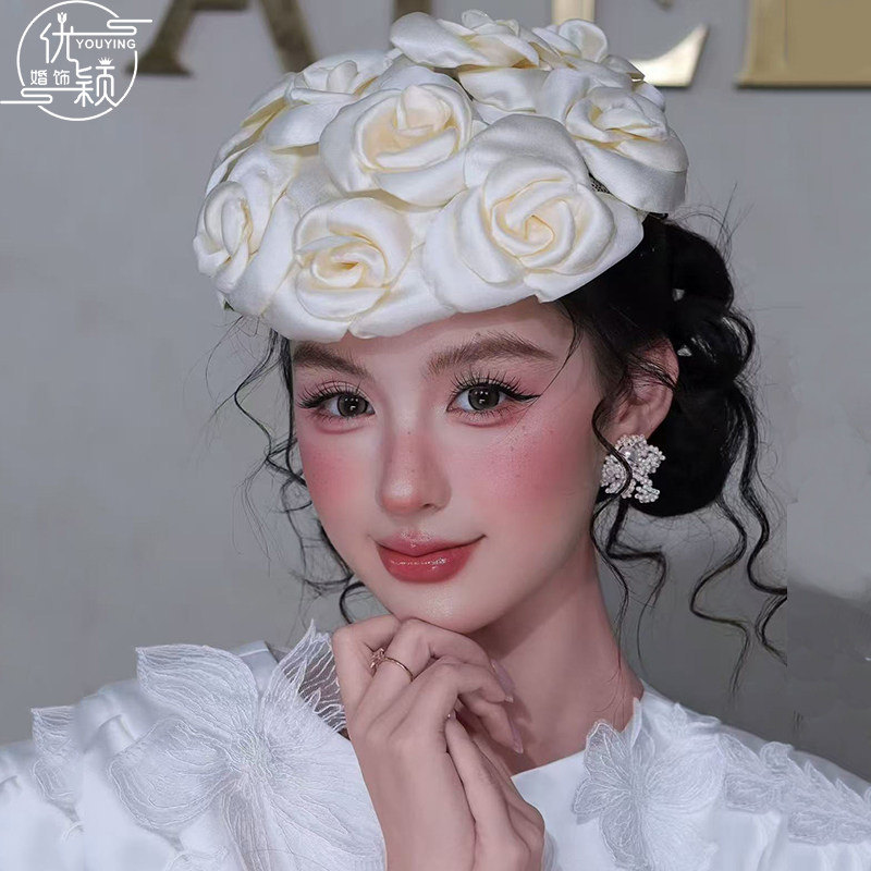 新款法式风玫瑰花礼帽新娘高级感礼帽婚纱摄影造型发饰结婚配饰