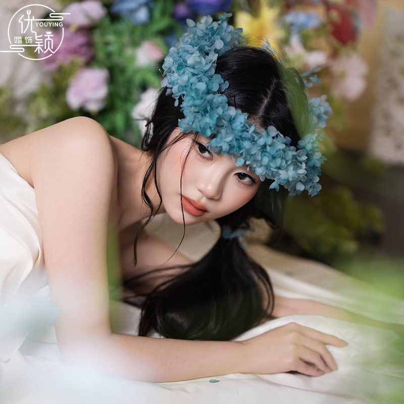 超仙蓝色花朵新娘发饰森系减龄绣球花婚纱礼服甜美跟妆造型头饰品
