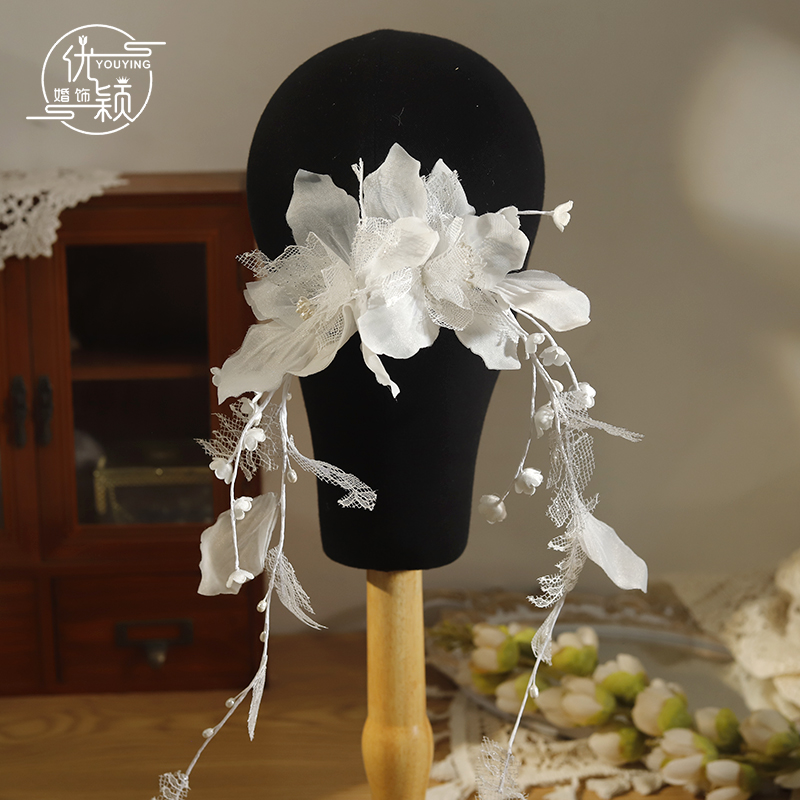 优颖超仙缎面蕾丝立体花朵盘发头饰新娘白纱礼服晨袍造型写真发饰