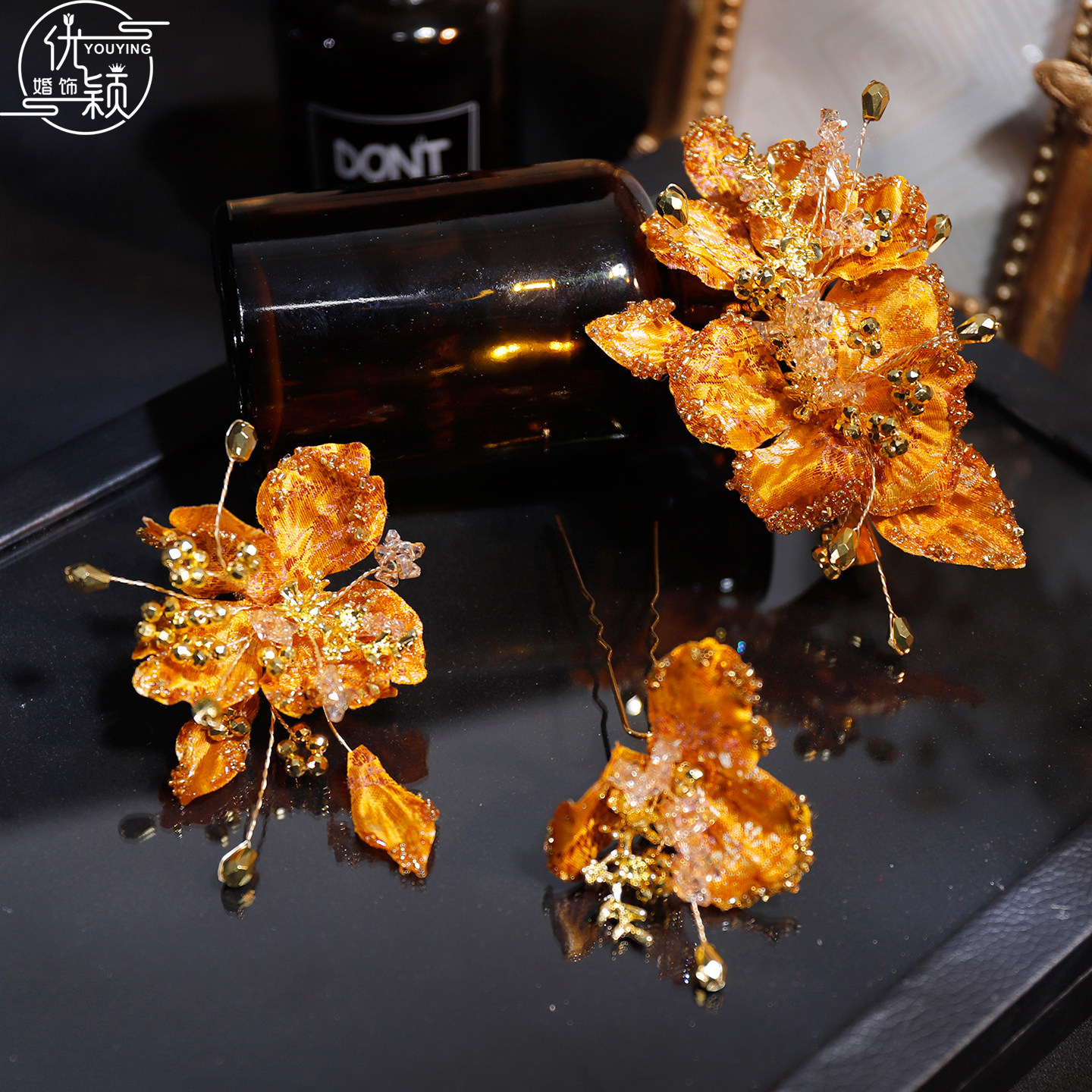 优颖新款中式新娘头饰金色花朵发簪发夹水钻流苏古典结婚拍照配饰