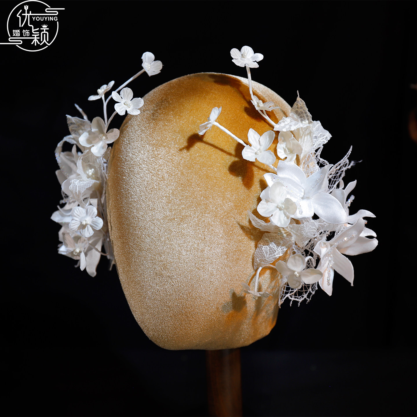 优颖新款仙气白色花朵头饰手工网纱新娘发饰高级感造型写真配饰