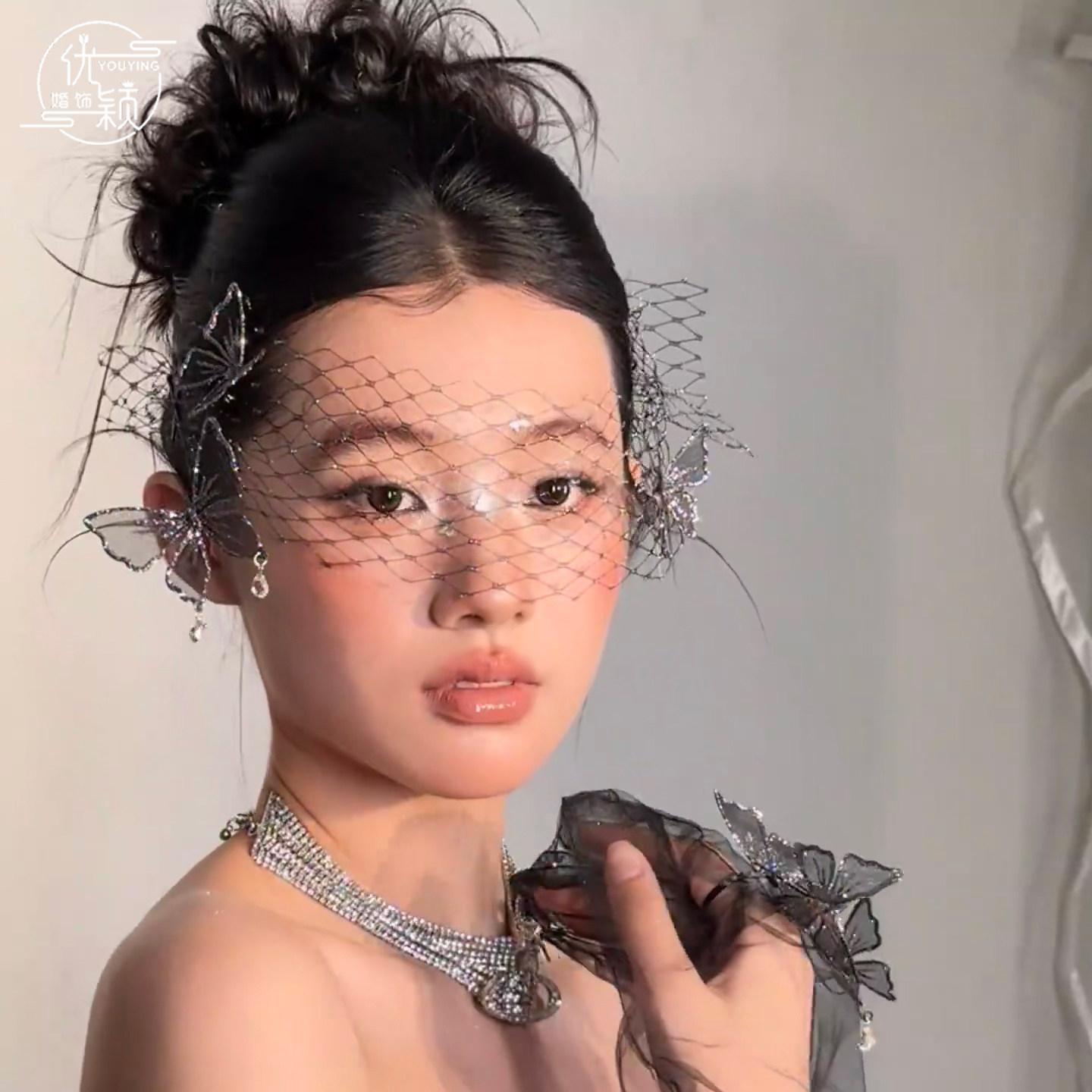 新款法式复古闪亮黑色网纱发夹