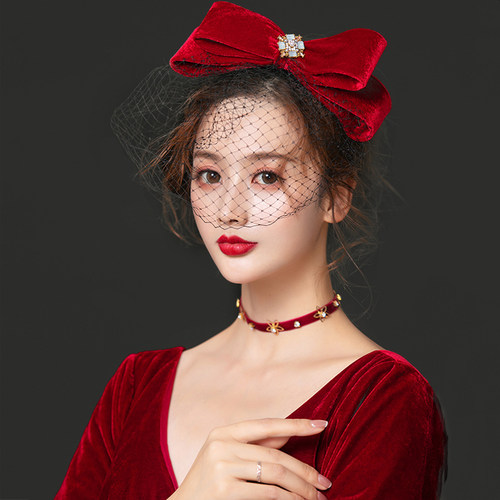 原创红色面纱敬酒服宴会珍珠发夹
