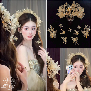 高档香槟金色蝴蝶花朵皇冠发饰套装新娘头饰婚礼造型发夹发圈组合