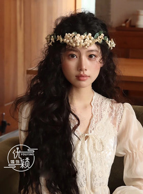 新款森系新娘杏色婚纱花朵花环发箍头饰复古油画风跟妆拍照配饰女
