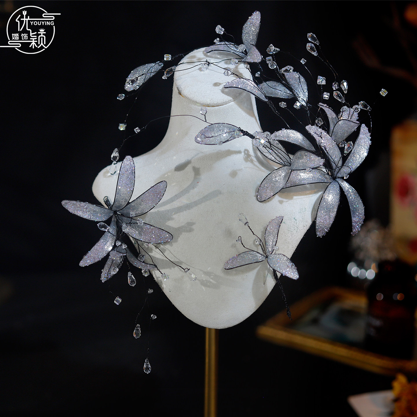 优颖闪耀花瓣水晶流苏新娘头饰超仙轻奢风婚纱礼服造型发饰高级感