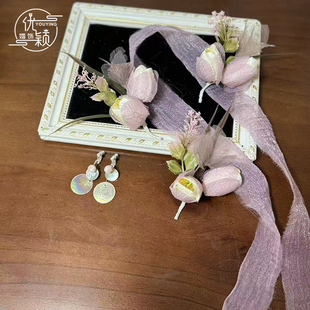 超仙紫色郁金香仿真花发夹甜美侧边盘发头花头饰新娘结婚晨袍配饰