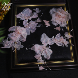 韩式超仙甜美粉色纱花羽毛头饰侧边减龄发饰新娘婚纱礼服晨袍配饰