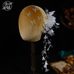 优颖新款复古蕾丝羽毛花朵流苏蝴蝶新娘头饰森系法式婚纱礼服配饰