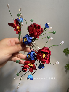 古风汉服秀禾服旗袍晨袍造型头饰古风掐丝绒花红撞蓝色蔷薇花套装