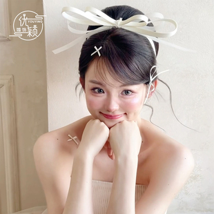 优颖新款缎面蝴蝶结发夹森系新娘结婚纱头饰简约气质礼服造型配饰