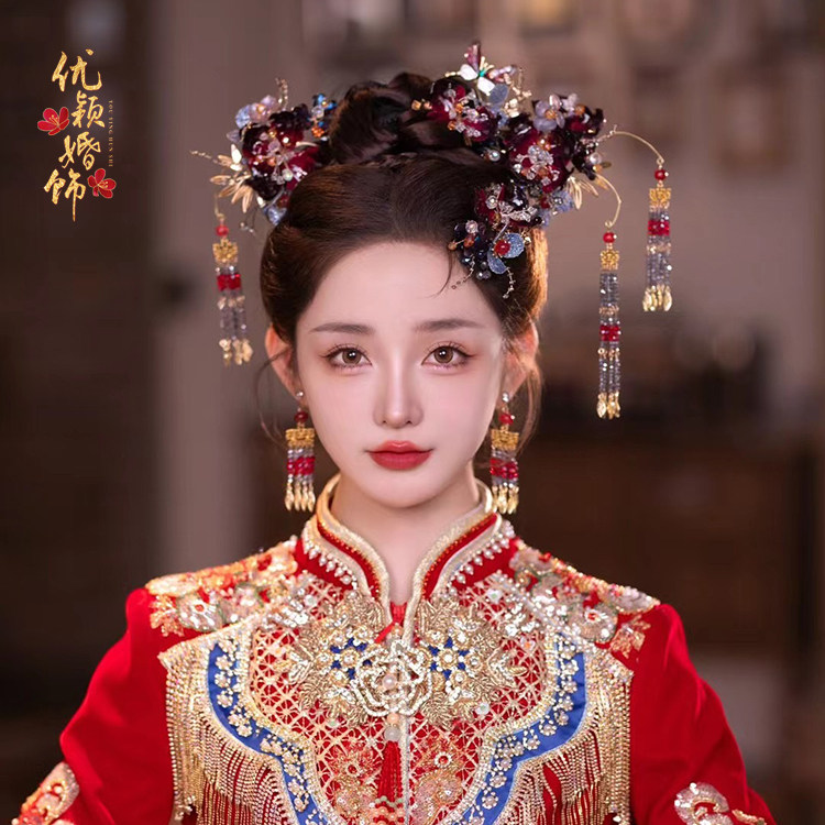 气质深红色水润玫瑰花水晶发簪