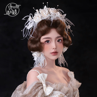超仙米杏色蔷薇花羽毛新娘头花头饰跟妆婚纱礼服影楼梦幻甜美配饰
