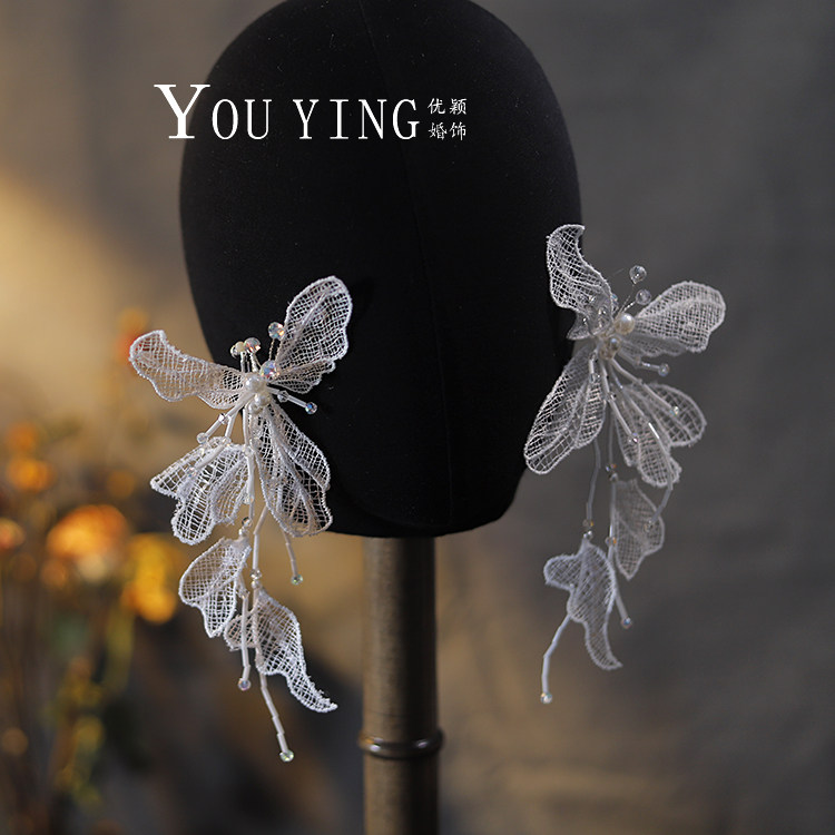 优颖原创镂空蕾丝花瓣水晶串珠优雅新娘耳夹婚纱礼服晨袍造型耳饰