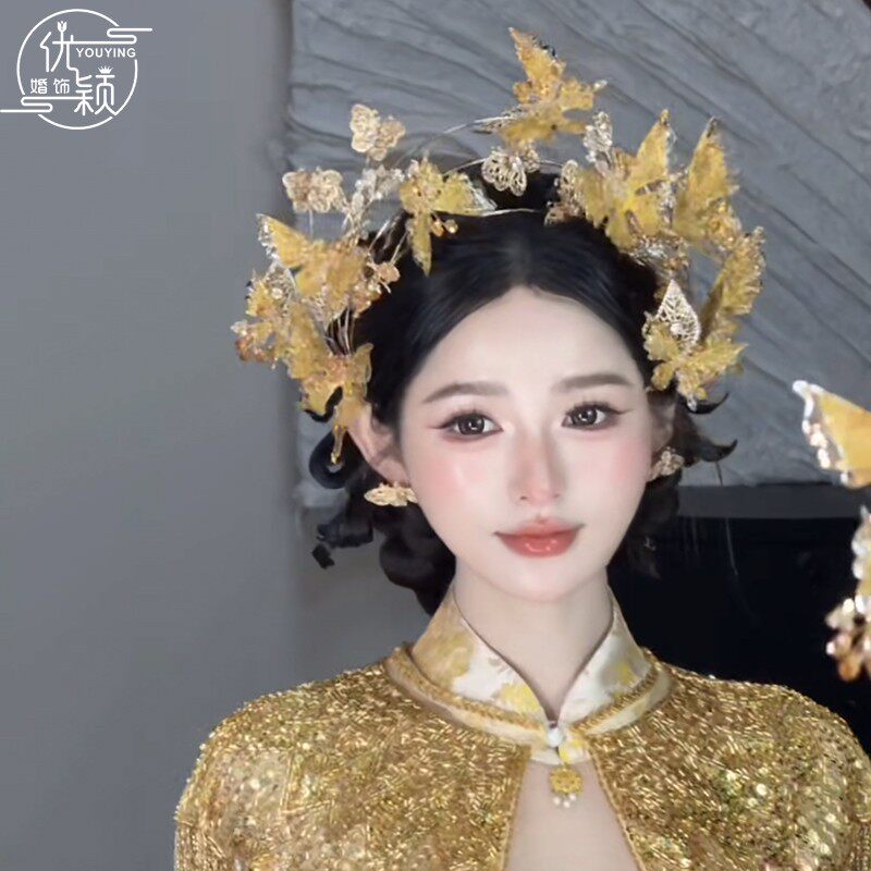 新中式金色水晶蝴蝶圣女冠发箍高级感新娘头饰秀禾服晨袍发饰大气