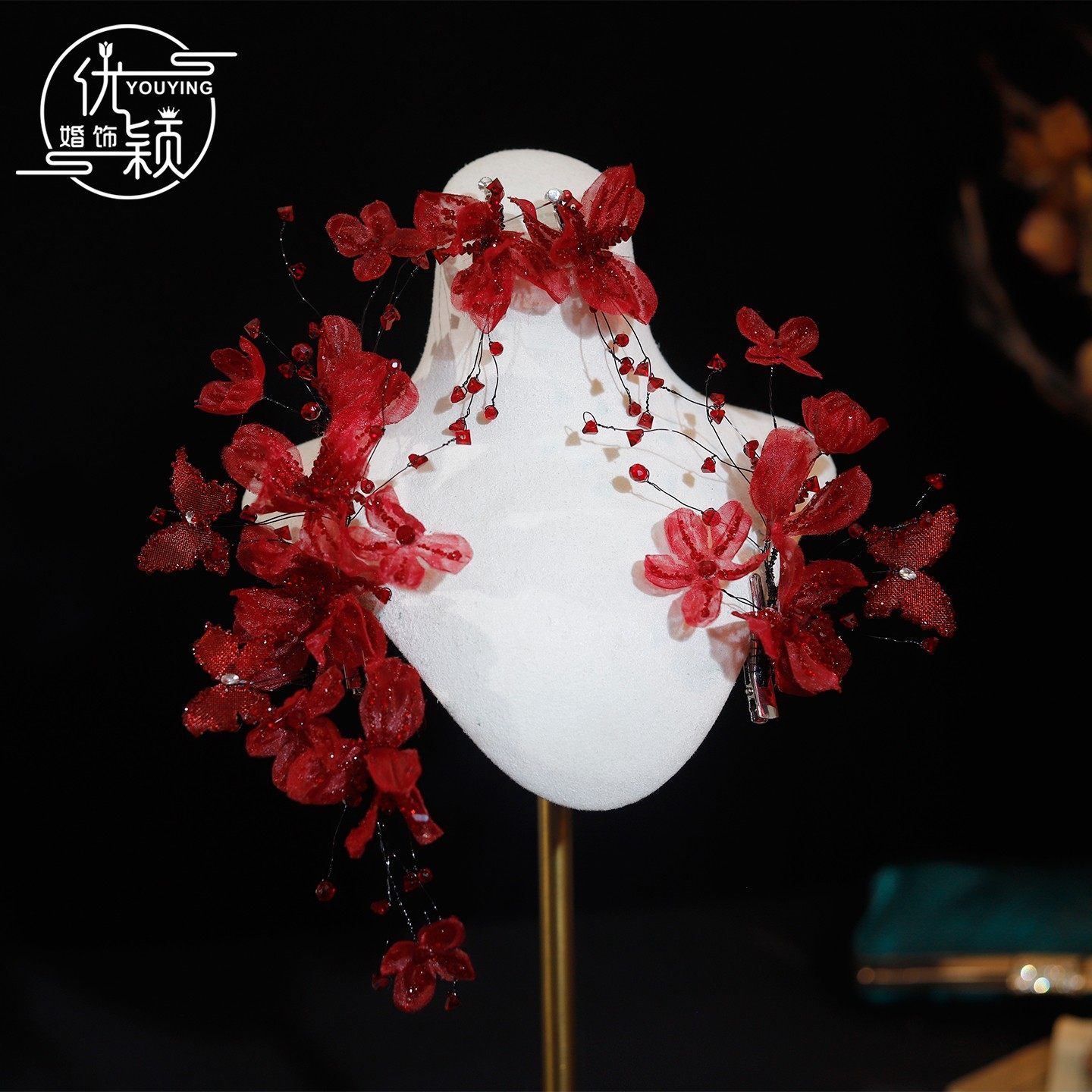 新中式酒红色花朵水晶发饰