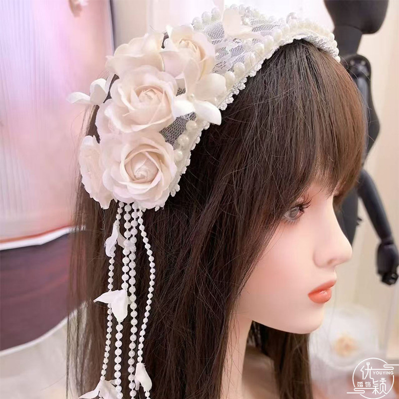 优颖新款法式超仙白玫瑰花朵发箍珍珠流苏新娘头饰婚纱礼服配饰