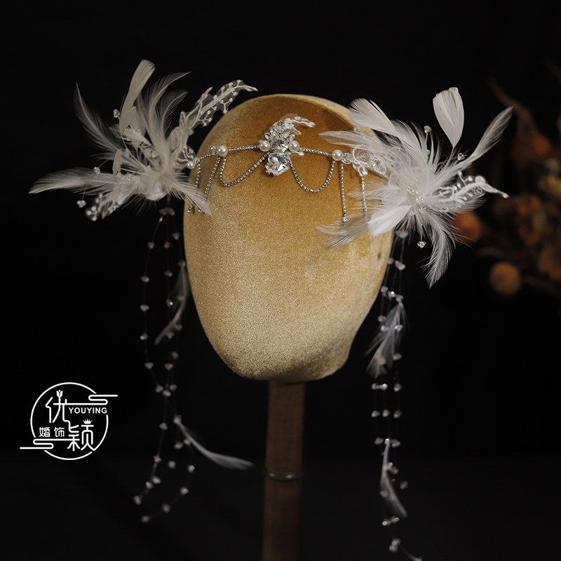 优颖手工款水钻额饰新娘异域感女神发饰白色羽毛仙气婚纱跟妆头饰