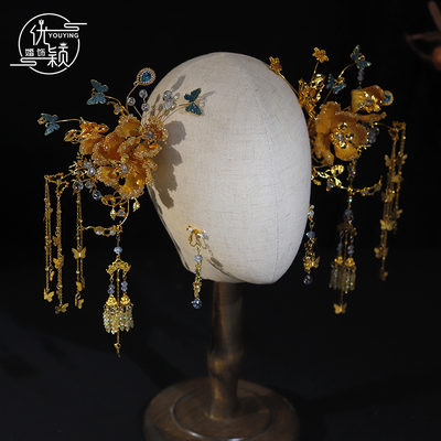 新娘中式头饰秀禾服龙凤褂金色发簪步摇发饰古典婚礼马面裙配饰品