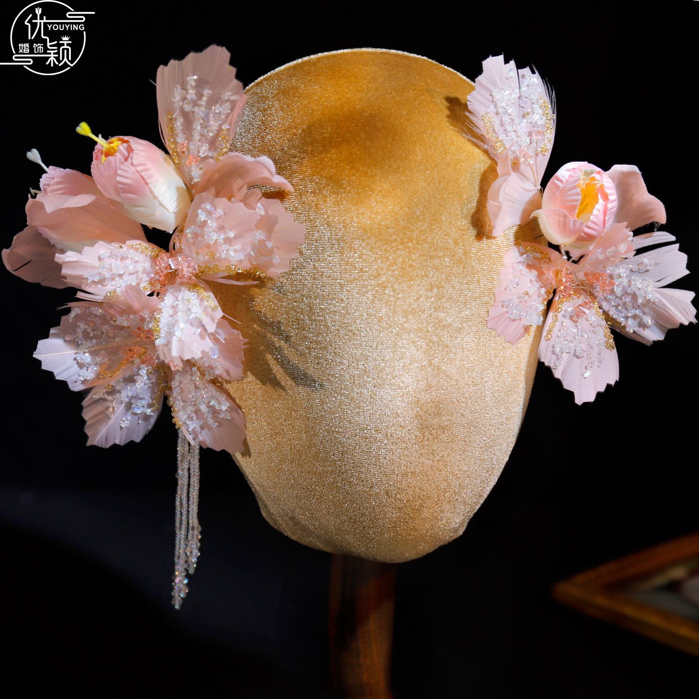 优颖新娘新中式郁金香粉色花朵古风流苏头饰高级感旗袍造型发饰