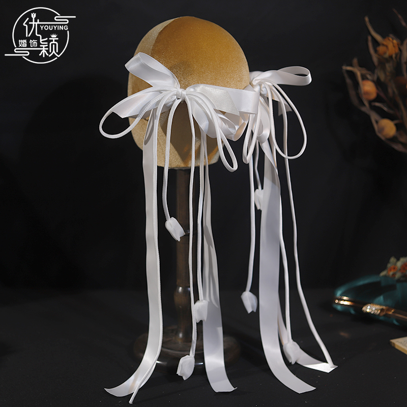 优颖新款森系超仙新娘头饰白色郁金香蝴蝶结飘带发饰旅拍发饰