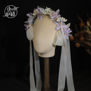 韩式森系新娘头饰仿真花朵花环蝴蝶结飘带头花发箍超仙美结婚纱