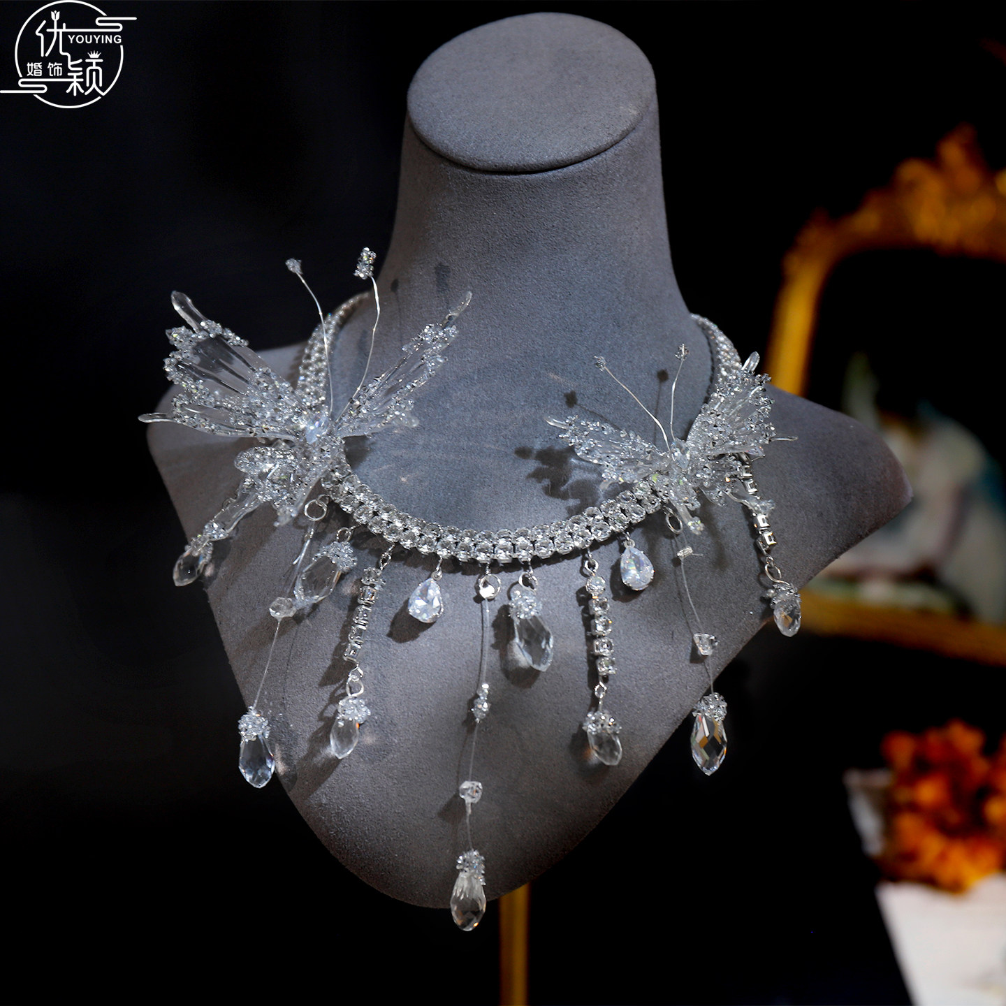 优颖闪亮蝴蝶水晶流苏项链新娘流苏垂坠婚纱礼服配饰写真造型女