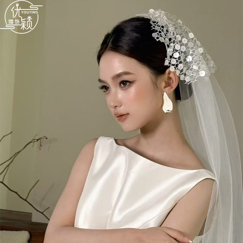 优颖新款亮片小众设计感白色蕾丝头纱新娘结婚礼拍照装饰走秀头饰