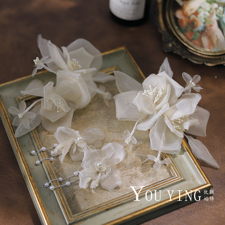 甜美奶茶色头花新娘头饰仙女绢纱烫花发饰耳夹森系婚纱礼服配饰品,饰品/流行首饰/时尚饰品新,发饰,淘宝优惠券,粉丝福利购,淘宝优惠卷