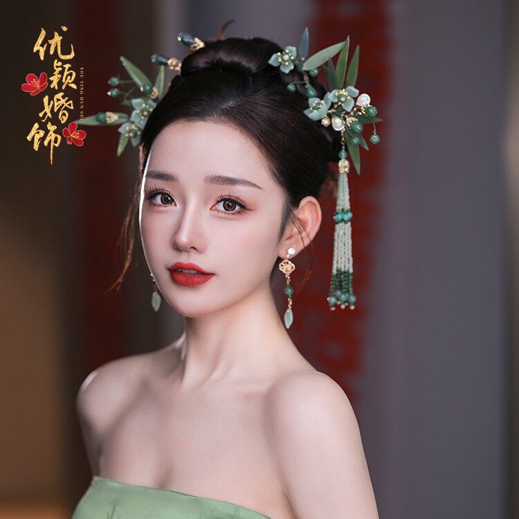 新中式翡翠碧珠竹叶珠花流苏套装