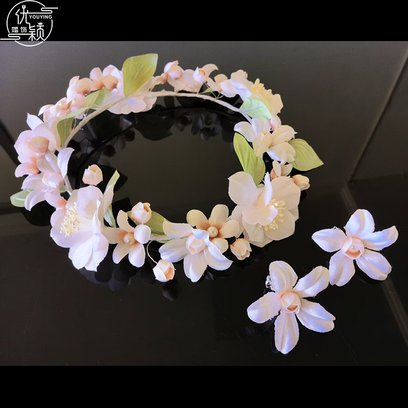 优颖仙女风仿真花朵珍珠花环发箍新娘婚礼超仙头饰花朵发饰配饰