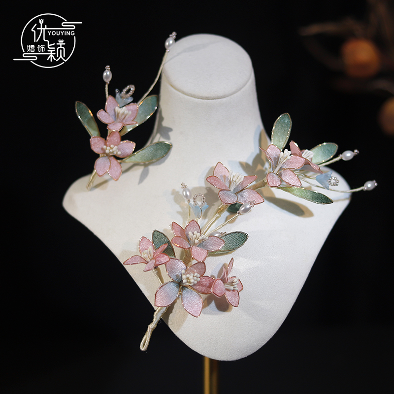 古风仙美粉色绒花头饰侧边后脑勺汉服发饰结婚礼服旗袍国风配饰品