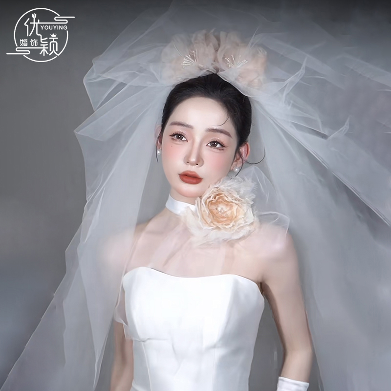 优颖原创手工烫花大花韩国纱抓纱蓬蓬新娘头纱造型旅拍样片摄影