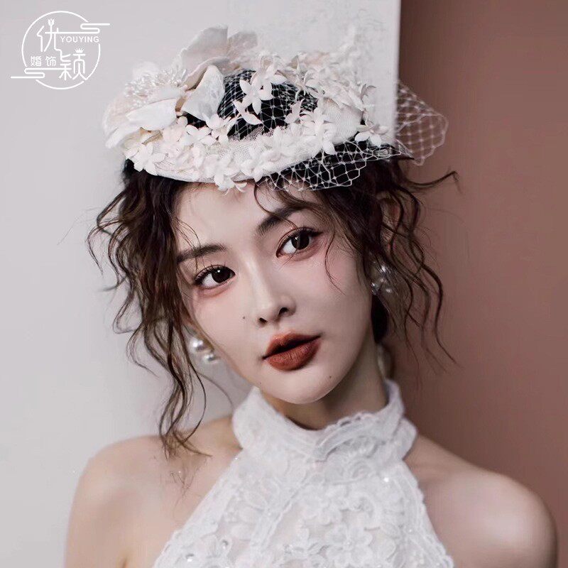 法式优雅英伦复古赫本小礼帽婚纱宴会白色新娘帽子影楼写真头饰