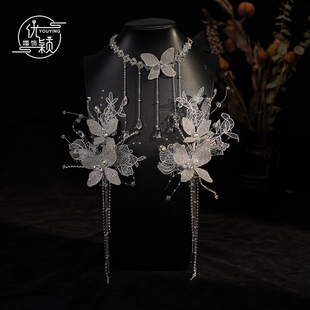 新款原创新娘头饰超仙水晶花朵流苏项链发夹甜美头花婚纱礼服配饰