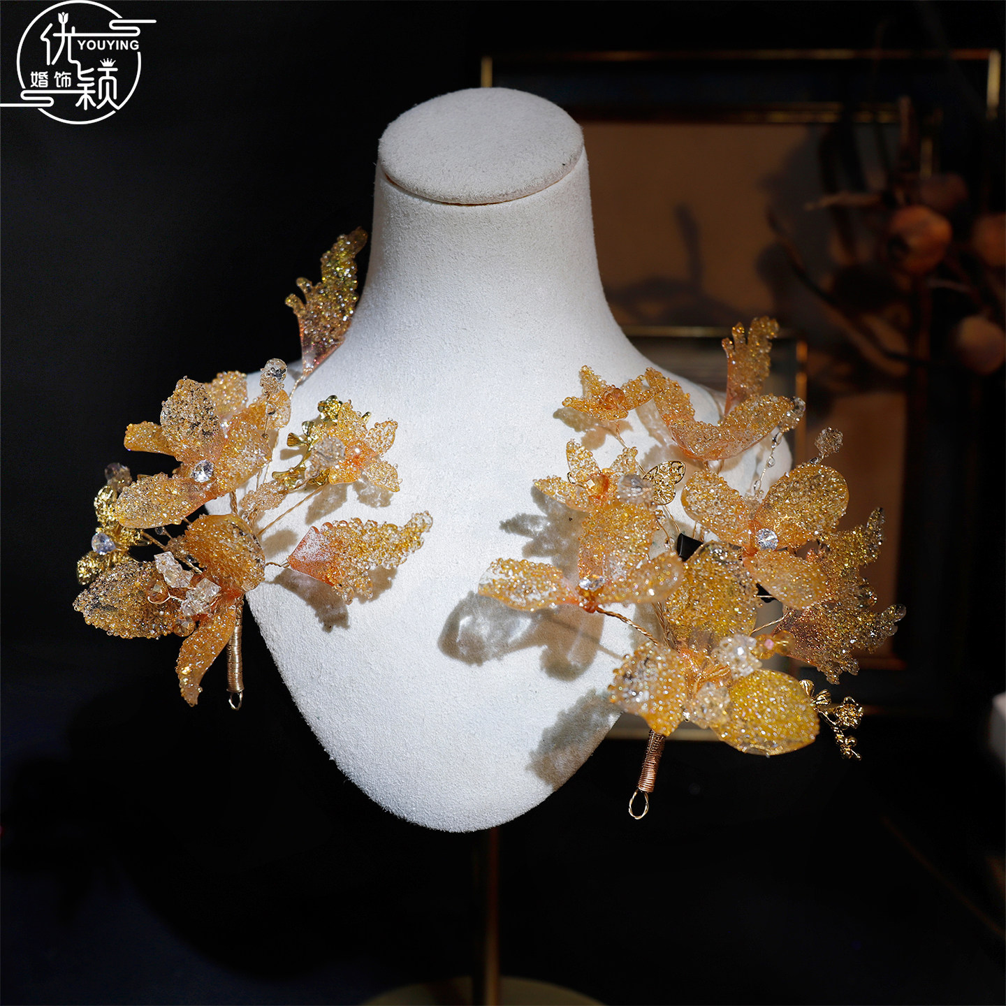优颖新款超仙金色花朵边夹新娘头饰婚纱造型高级感轻奢风发饰女